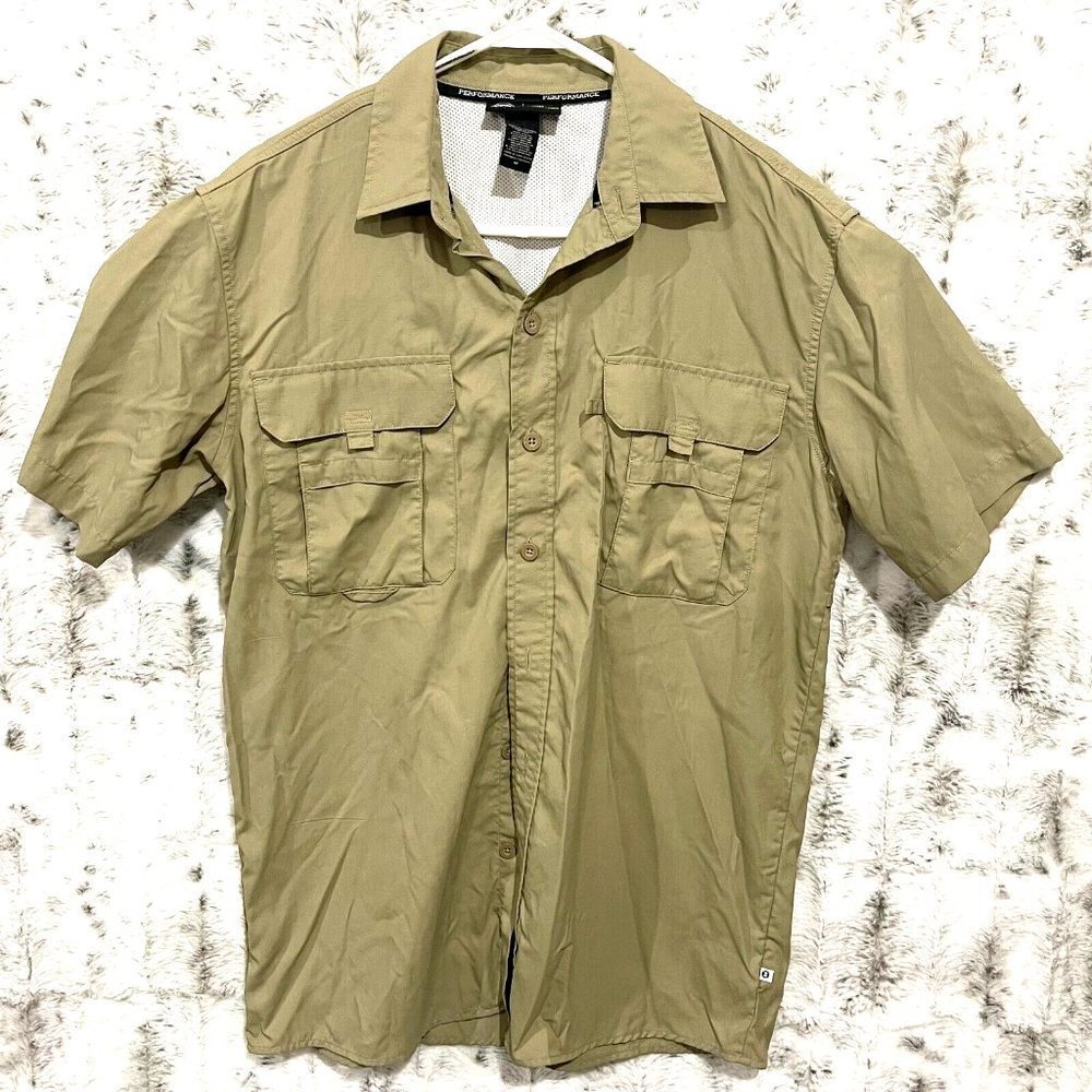 Dickies Performance System Mens Medium Hiking Fishing Shirt Button Up Tan Vented